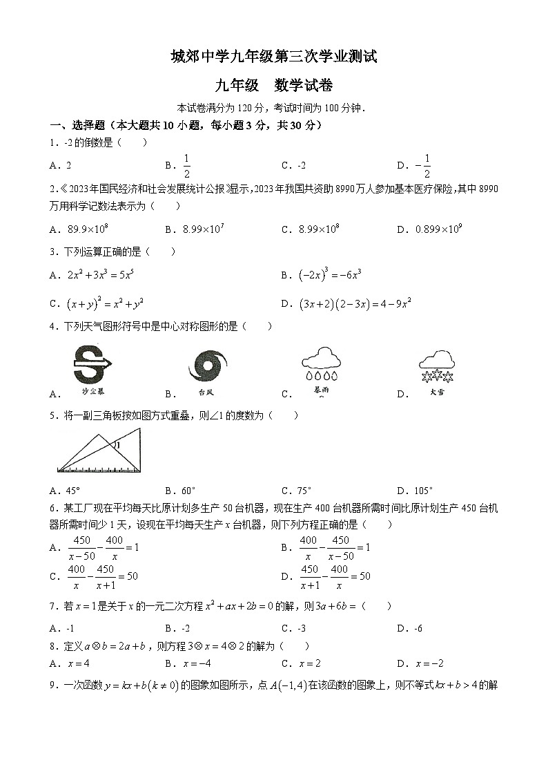 2024年甘肃省定西市岷县城郊初级中学九年级第三次模拟考试数学试题(无答案)01