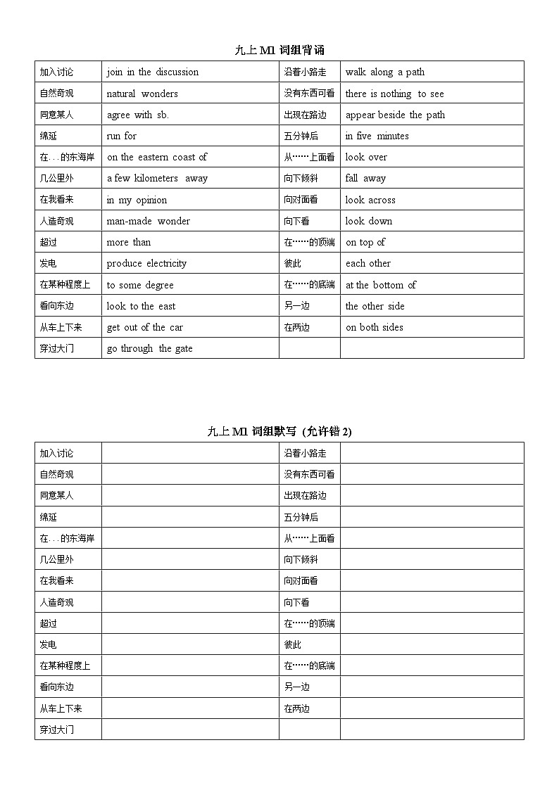 外研版初中英语九上9A词组默写练习(含答案)01