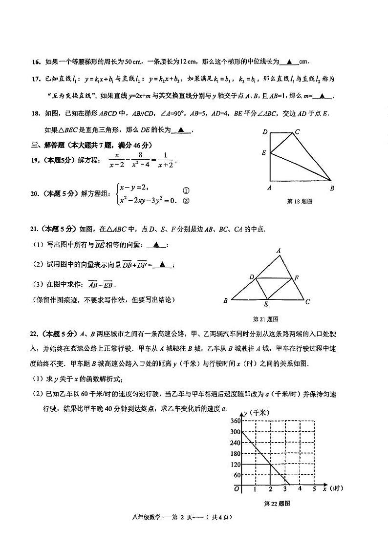 上海市杨浦区2023-2024学年下学期八年级数学期末试卷第2页