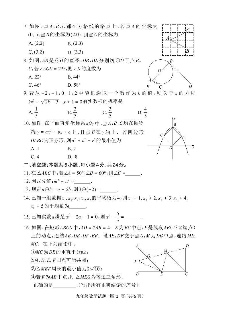 福建省三明市大田县2024届九年级下学期期中考试数学试卷(含答案)第2页