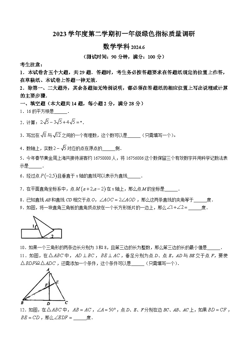 上海市杨浦区2023-2024学年七年级下学期期末数学试题(无答案)01
