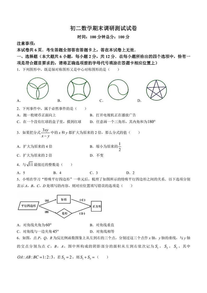 江苏省南京市建邺区2024年八年级下学期期末数学试题+答案第1页