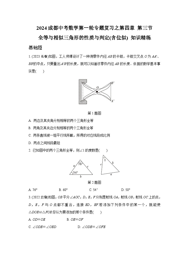 2024成都中考数学第一轮专题复习之第四章 第三节 全等与相似三角形的性质与判定(含位似) 知识精练(含答案)第1页