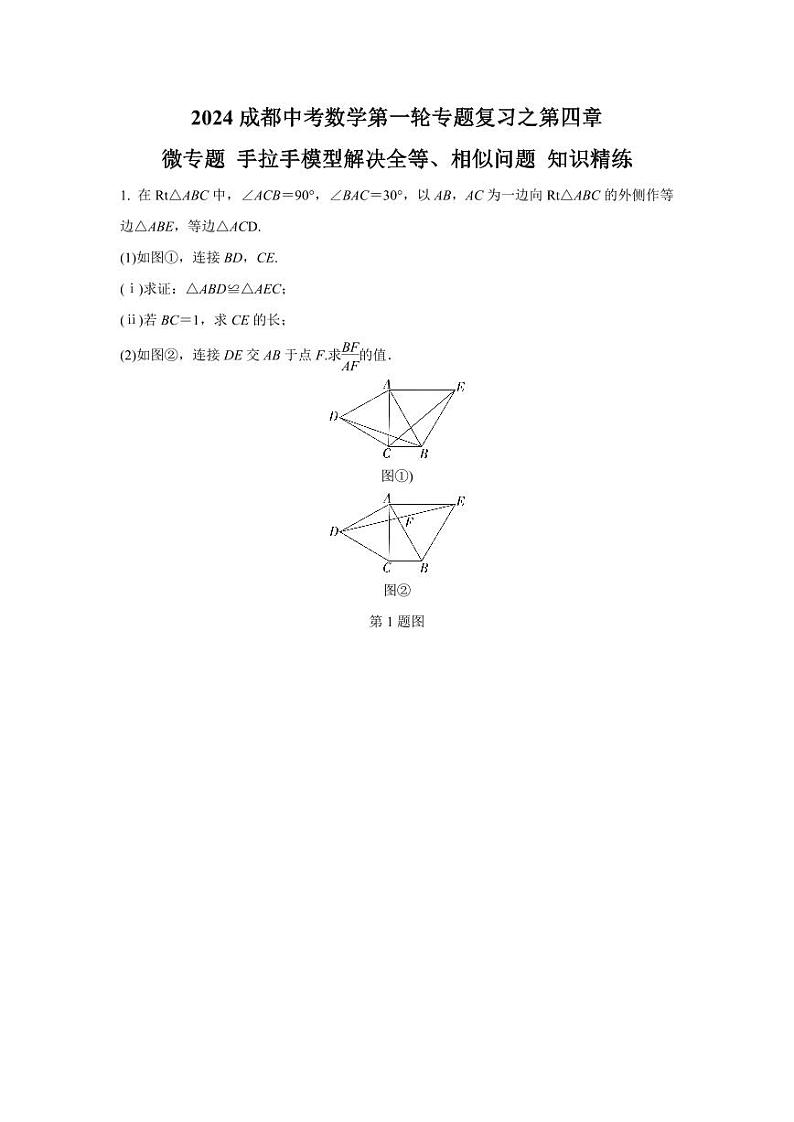 2024成都中考数学第一轮专题复习之第四章 微专题 手拉手模型解决全等、相似问题 知识精练(含答案)第1页
