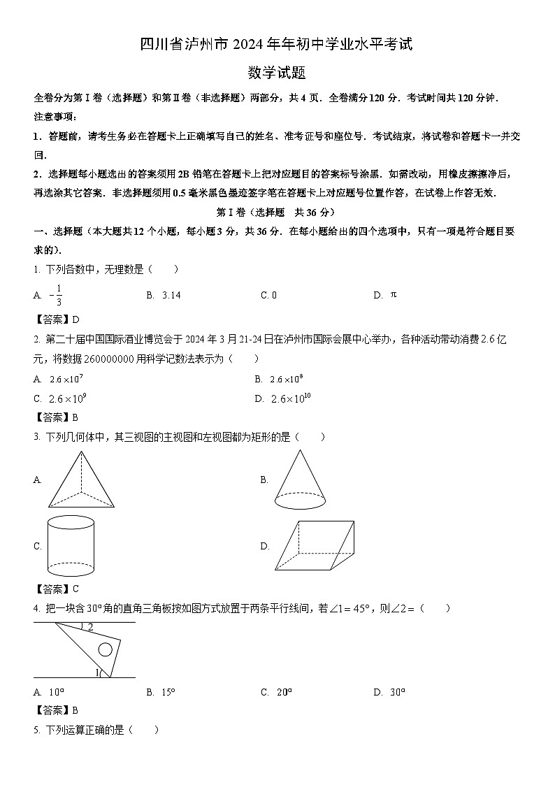 [数学]泸州市2024年中考真题（解析版）01