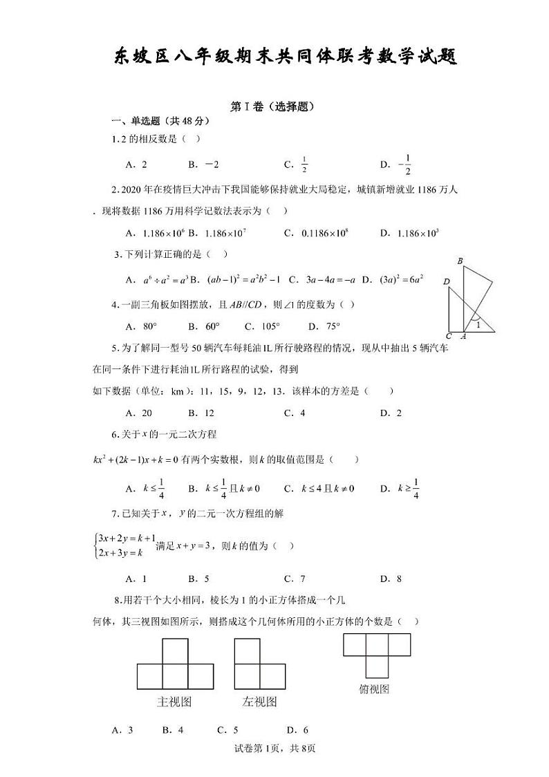 数学 东坡区八年级期末共同体联考数学试题第1页
