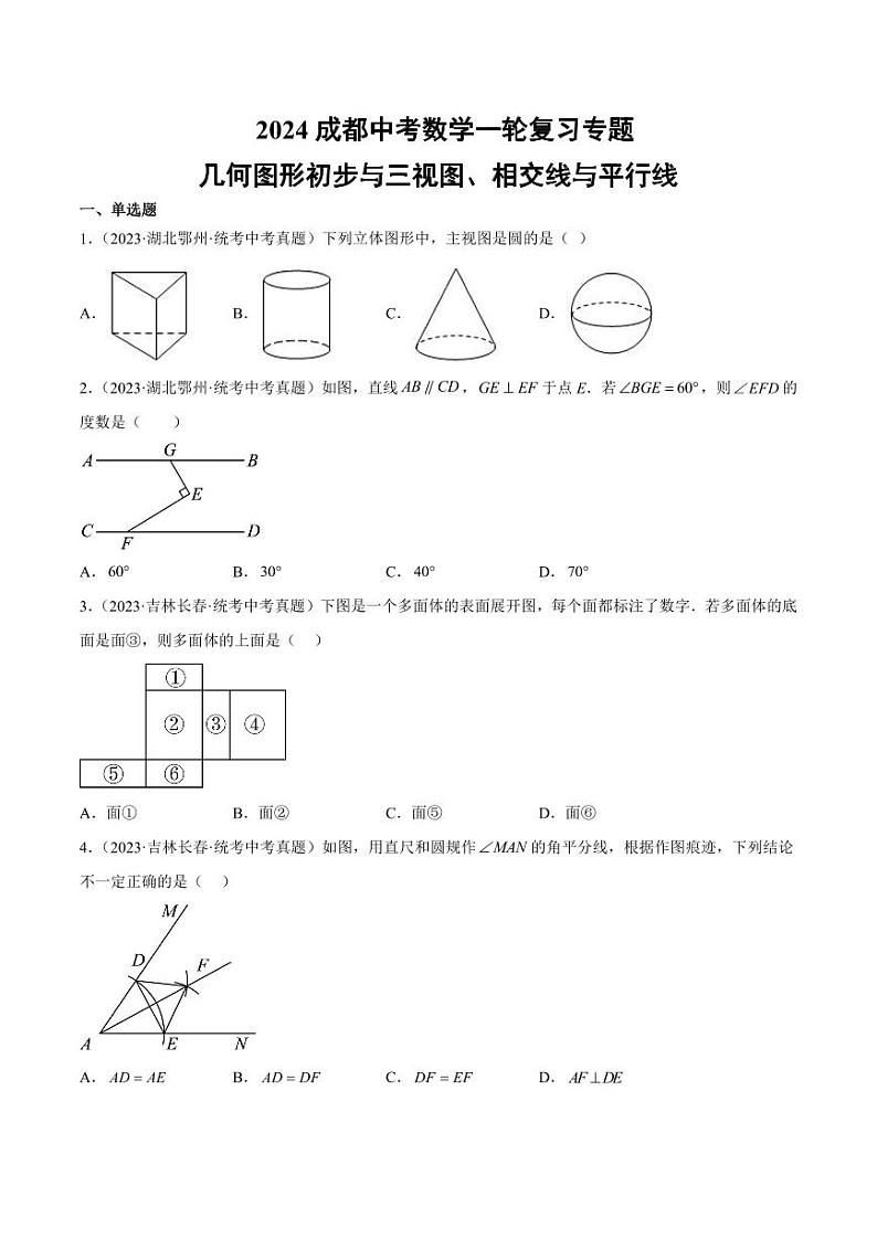 2024成都中考数学一轮复习专题 几何图形初步与三视图、相交线与平行线 (含解析)第1页