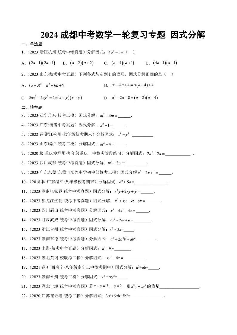 2024成都中考数学一轮复习专题 因式分解 (含解析)01
