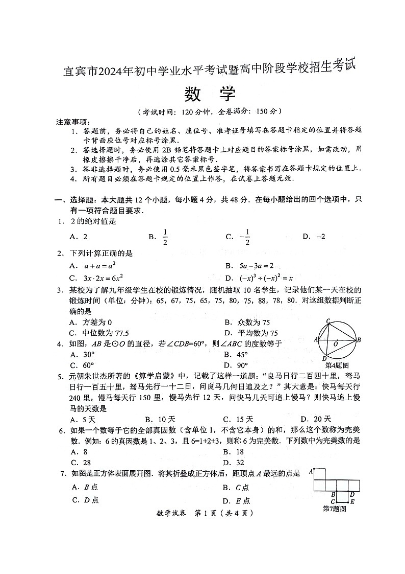 2024年四川省宜宾市中考数学试题 (1)第1页