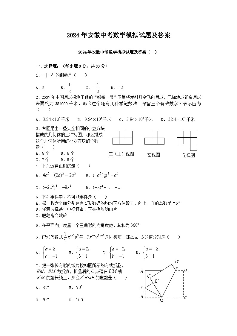 2024年安徽中考数学模拟试题及答案第1页