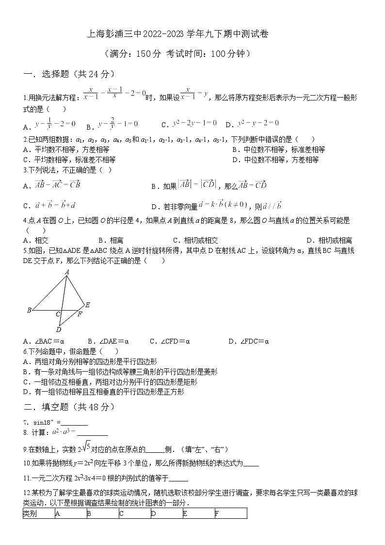 上海市彭浦第三中学2022-2023学年九年级下学期期中考试数学试卷01