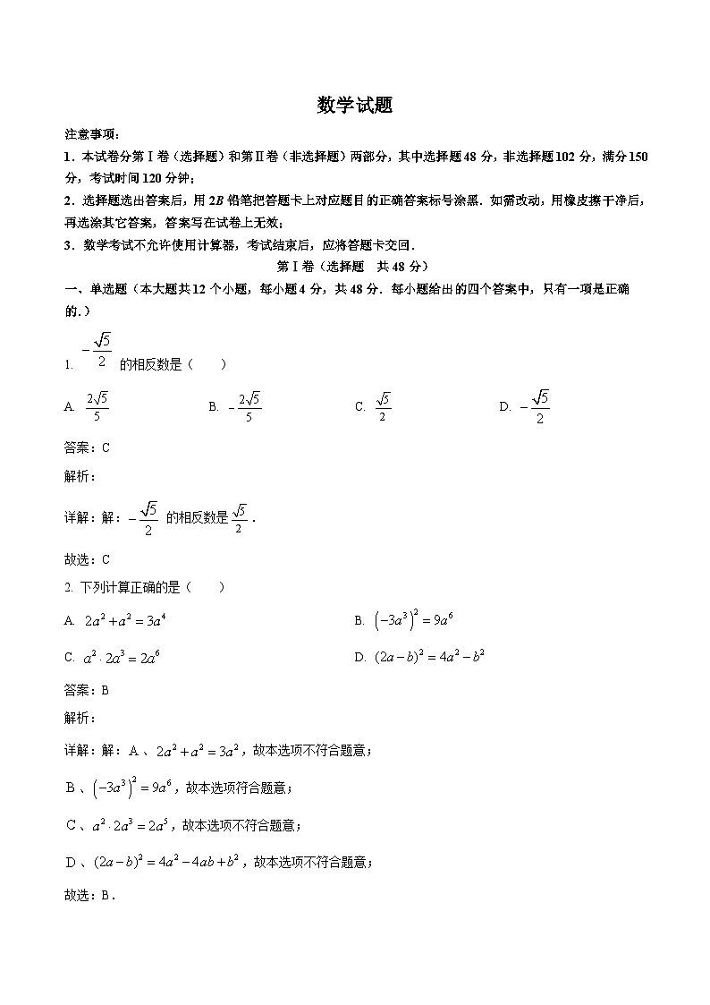 山东省泰安市东平县2024届九年级下学期中考一模数学试卷(含解析)01