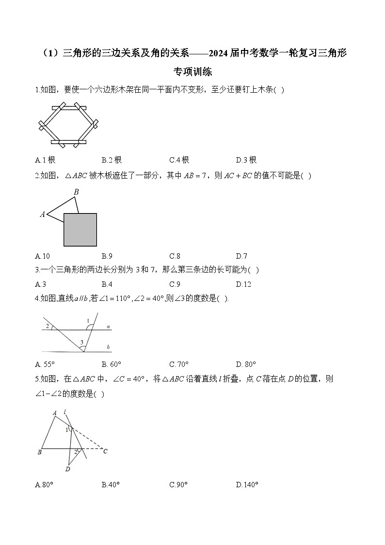 （1）三角形的三边关系及角的关系__2024届中考数学一轮复习三角形专项训练(含答案)第1页