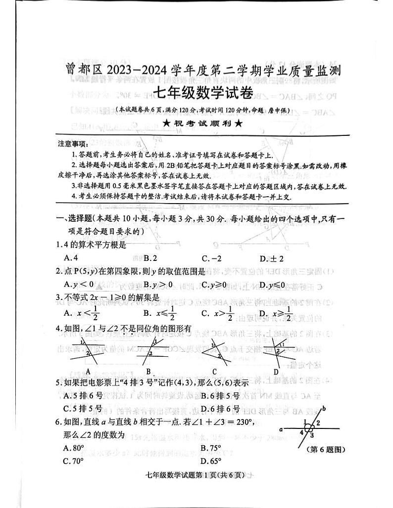 湖北省随州市曾都区2023-2024学年七年级下学期期末考试数学试题01