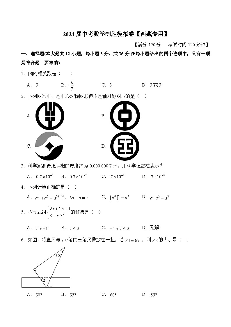2024届中考数学制胜模拟卷及答案【西藏专用】第1页