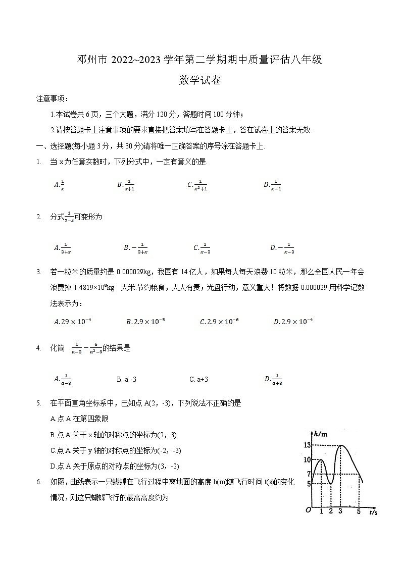 河南省南阳市邓州市2022-2023学年八年级下学期期中质量评估数学试卷(含答案)01