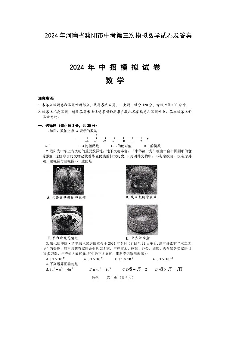 河南省濮阳市2024年中考第三次模拟数学试卷(含答案)第1页