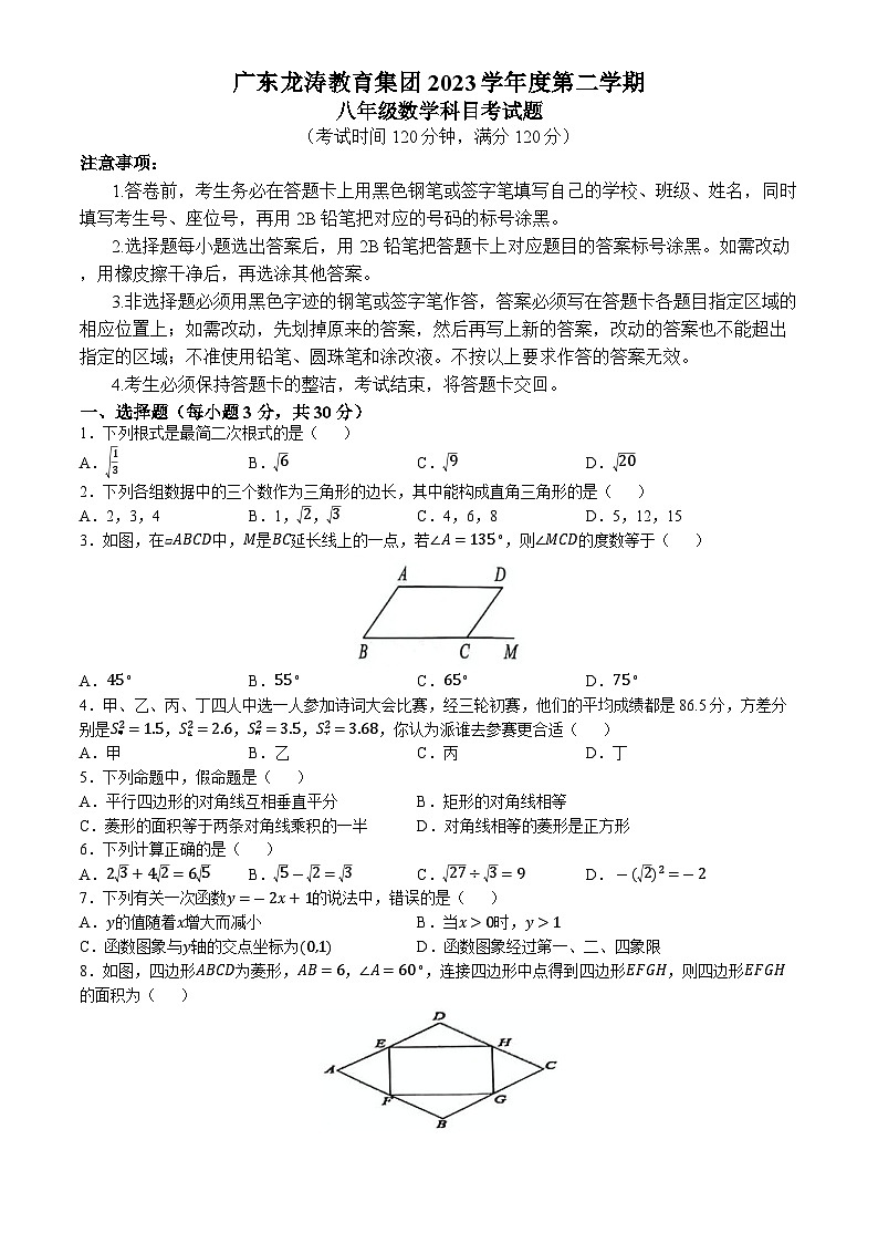 广东省龙涛教育集团2023-2024学年八年级下学期期末数学试题(无答案)01