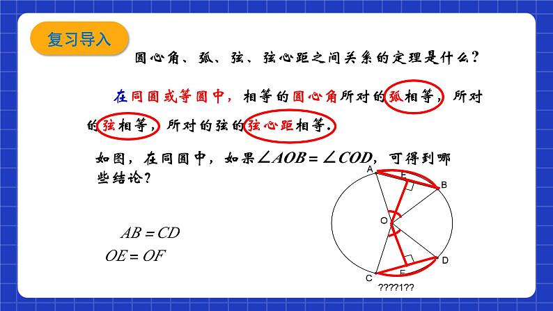 沪教版九年级数学下册27.2《圆心角、弧、弦、弦心距之间的关系》（第2课时）课件第3页