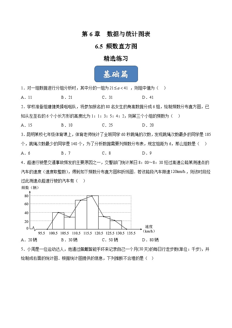 浙教版数学七年级下册6.5《频数直方图》（分层练习）（原卷版）第1页