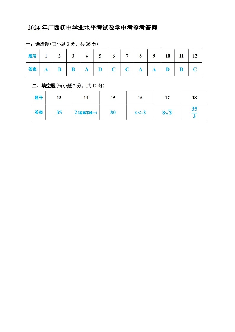2024年广西中考数学试题01