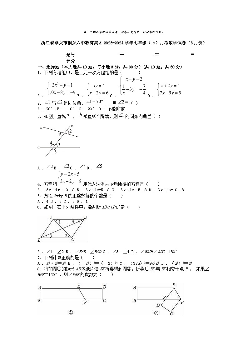 [数学]浙江省嘉兴市桐乡六中教育集团2023-2024学年七年级(下)月考试卷(3月份)第1页