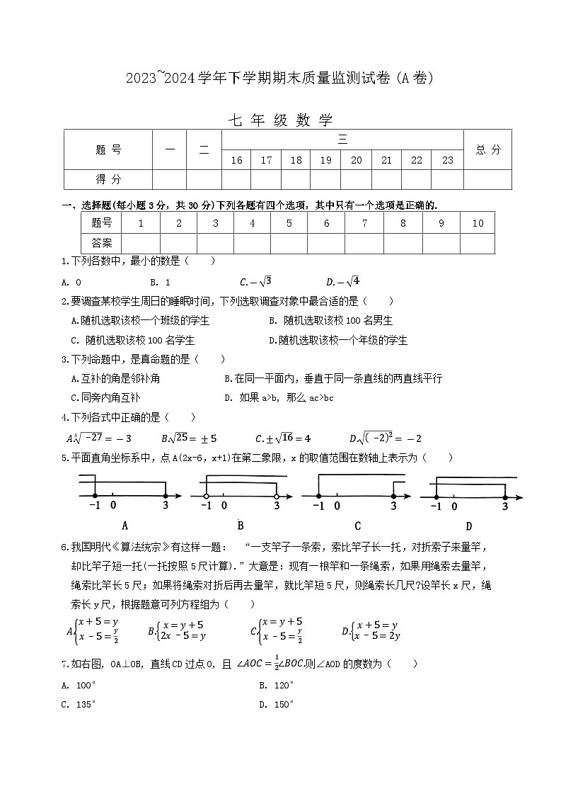 河南省漯河市郾城区2023-2024学年七年级下学期期末考试数学试题第1页