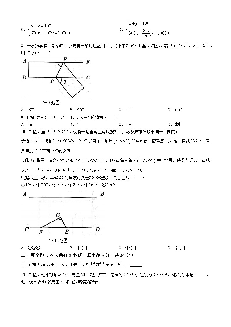 浙江省绍兴市诸暨市2023-2024学年七年级下学期期末数学试题(无答案)02