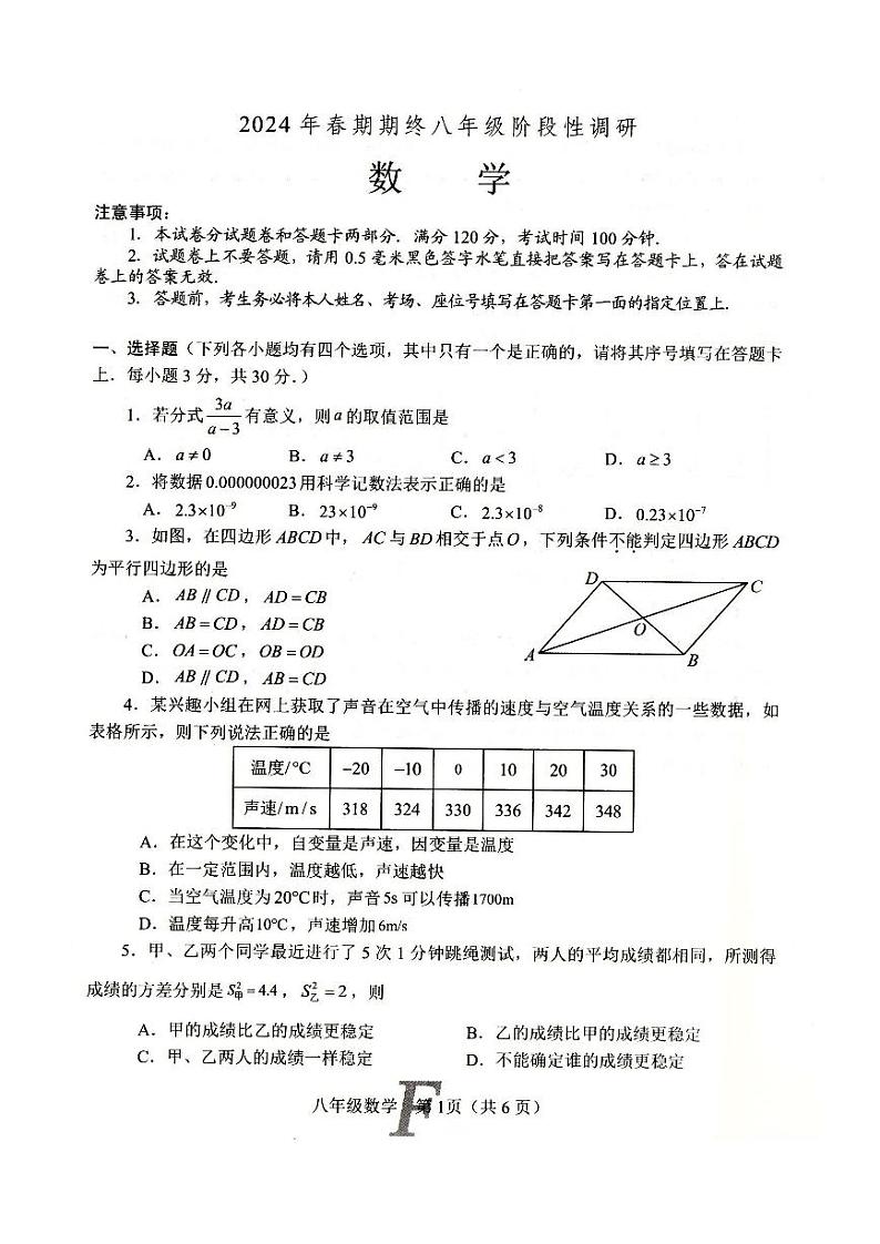 河南省南阳市方城县2023-2024学年下学期期终质量评估八年级数学试卷01