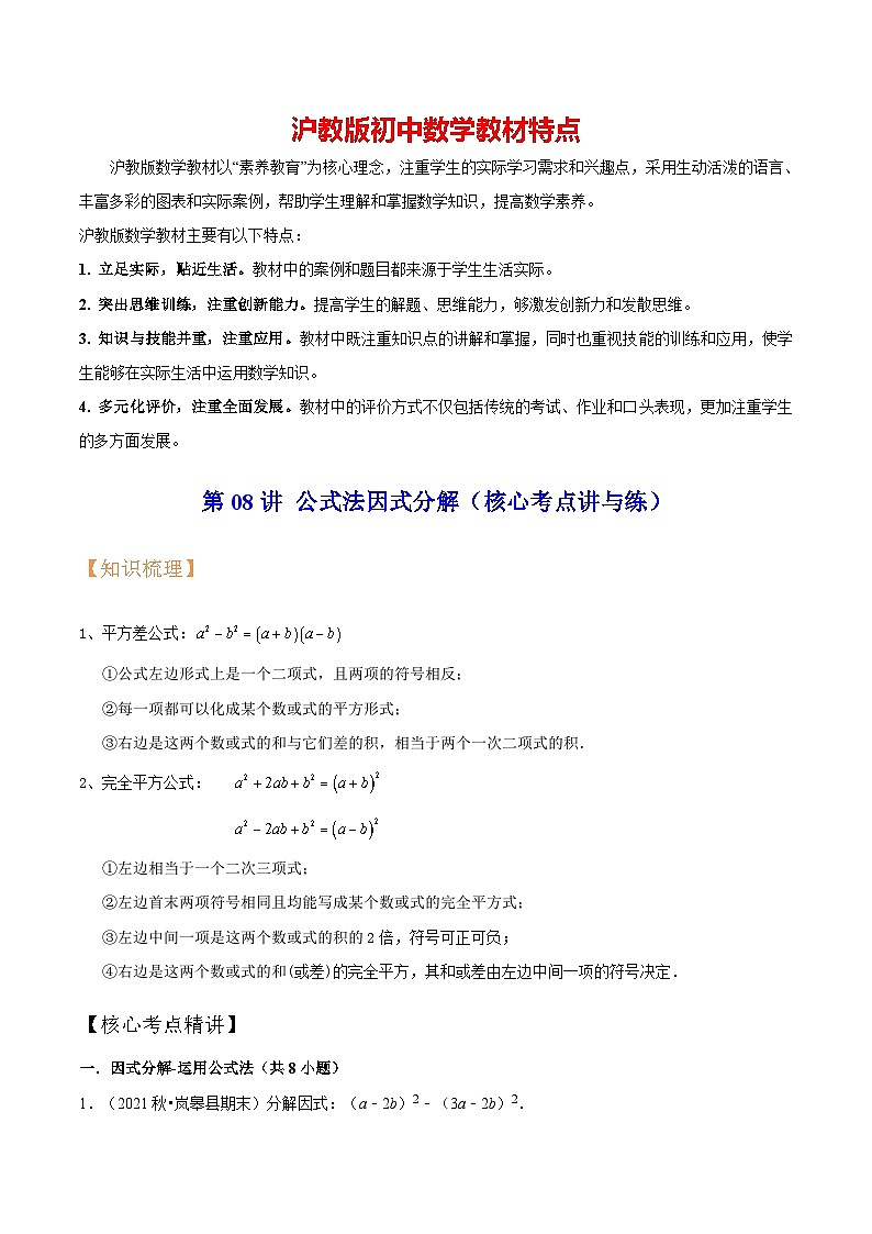 第08讲 公式法因式分解（核心考点讲与练）（原卷版）第1页