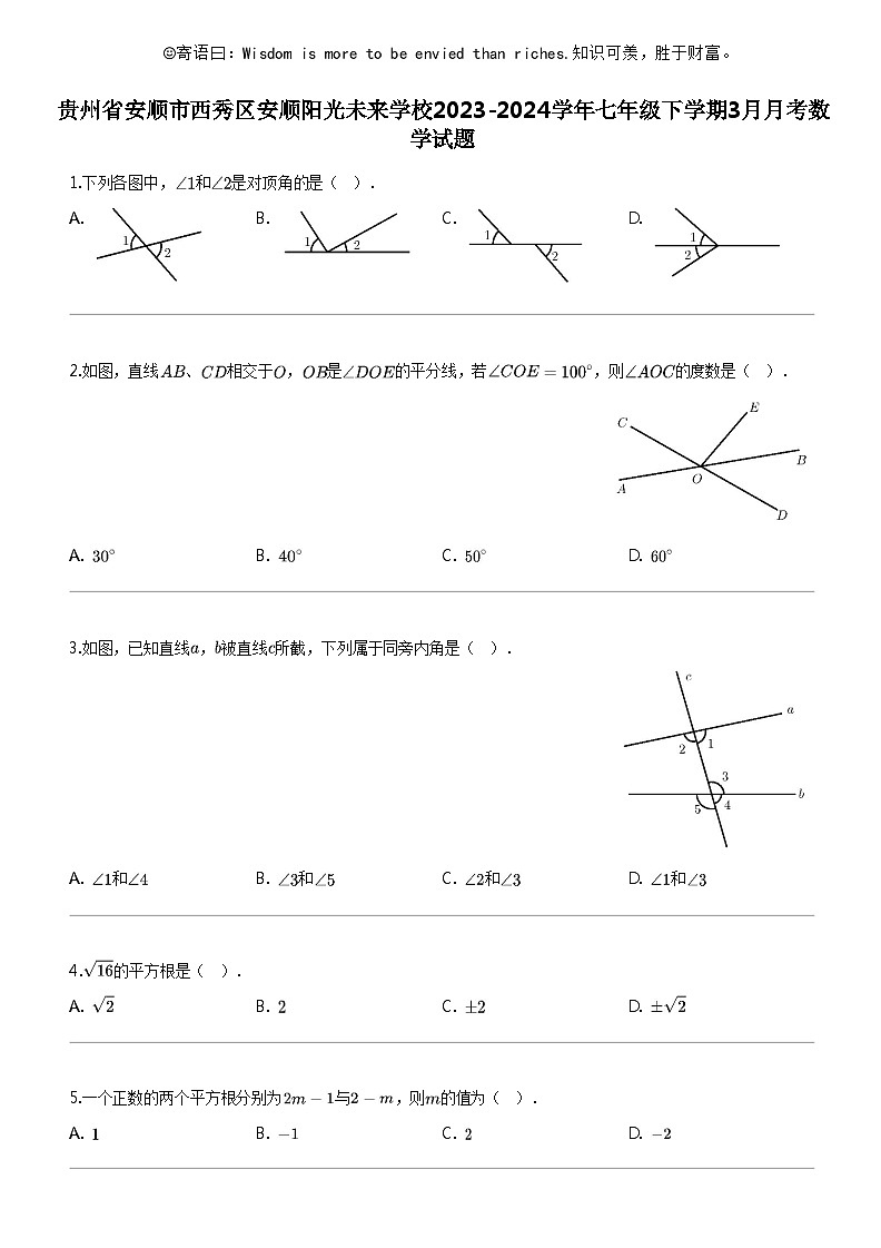 [数学]贵州省安顺市西秀区安顺阳光未来数学校2023-2024学年七年级下学期3月月考数学试题第1页