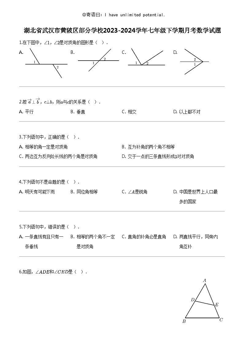 [数学]湖北省武汉市黄陂区部分数学校2023-2024学年七年级下学期月考数学试题01