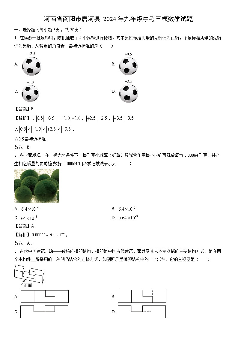 [数学]河南省南阳市唐河县2024年九年级中考三模试题(解析版)第1页