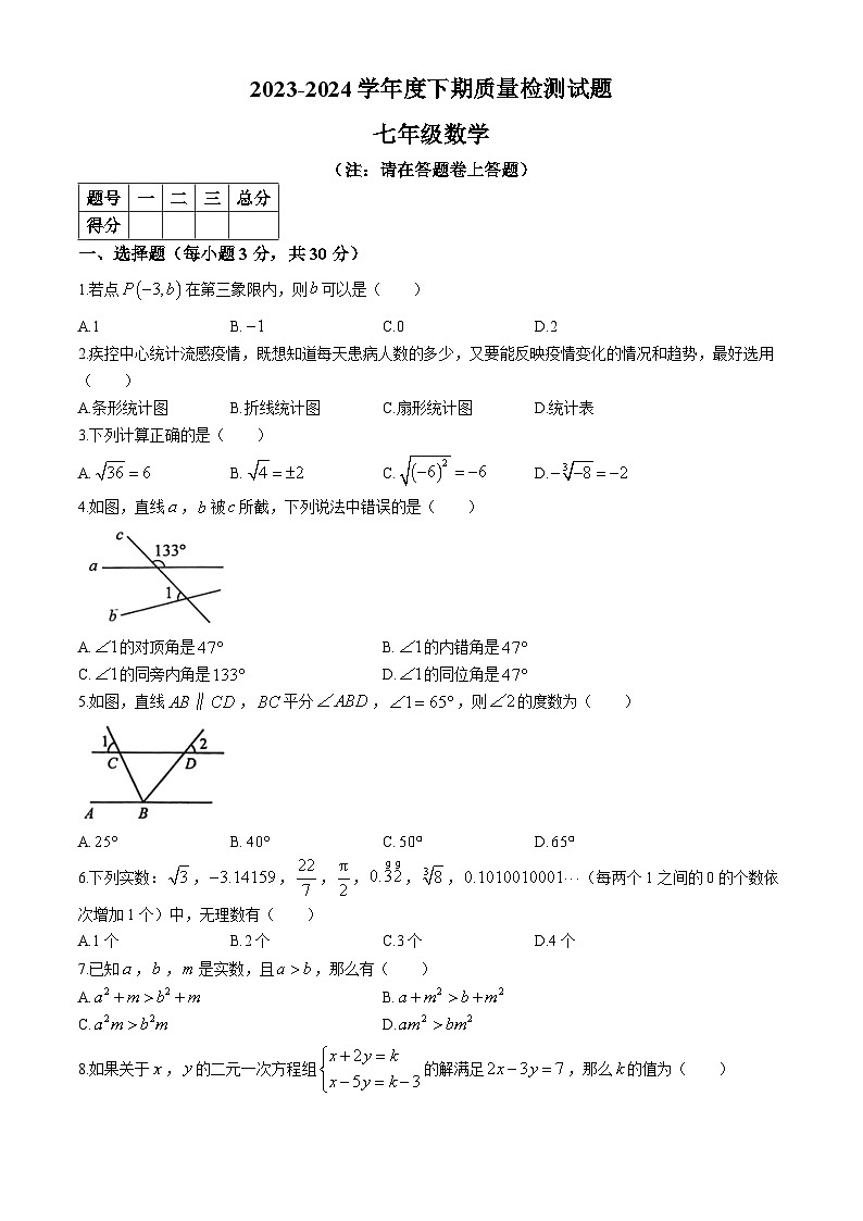 河南省驻马店市确山县2023-2024学年七年级下学期期末数学试题第1页