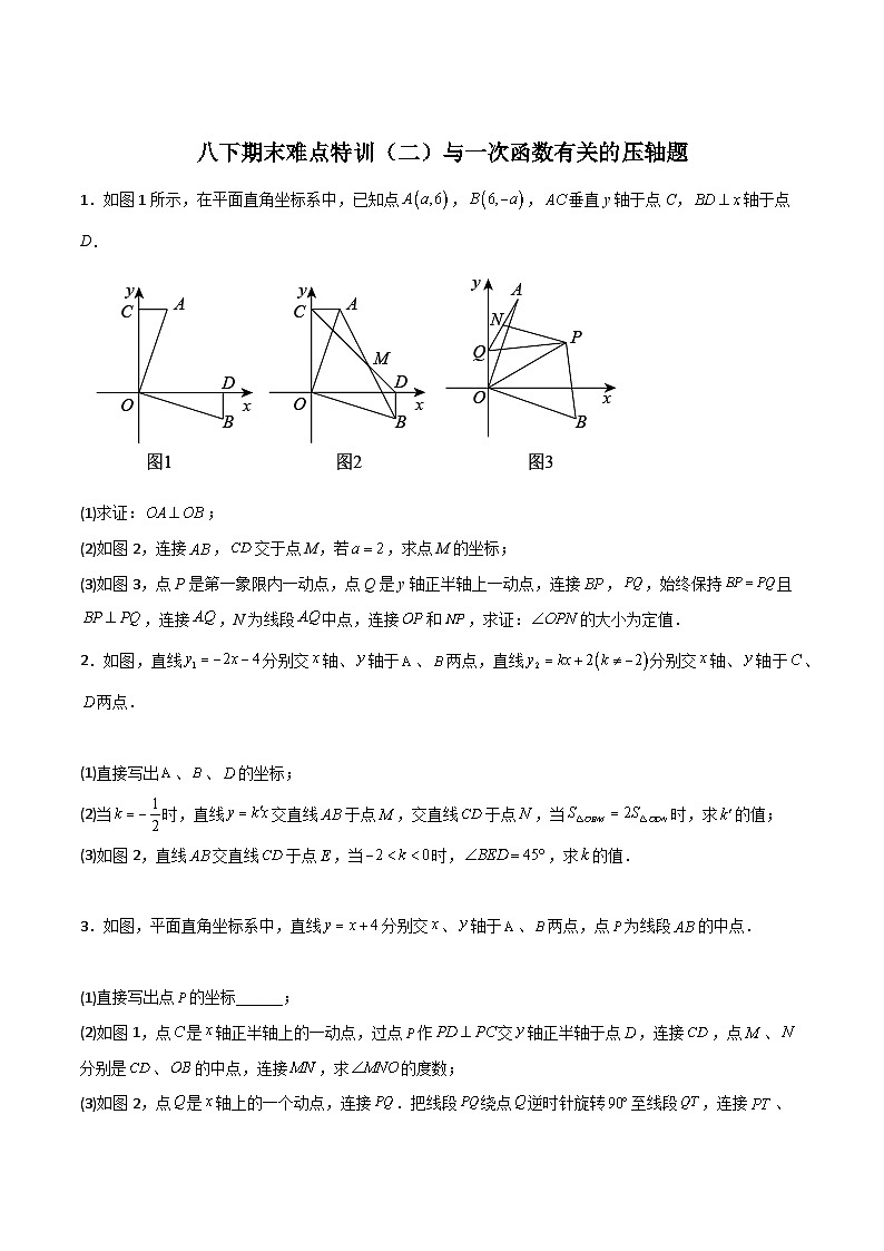 人教版八年级数学下册常考点微专题提分精练期末难点特训(二)与一次函数有关的压轴题(原卷版+解析)01