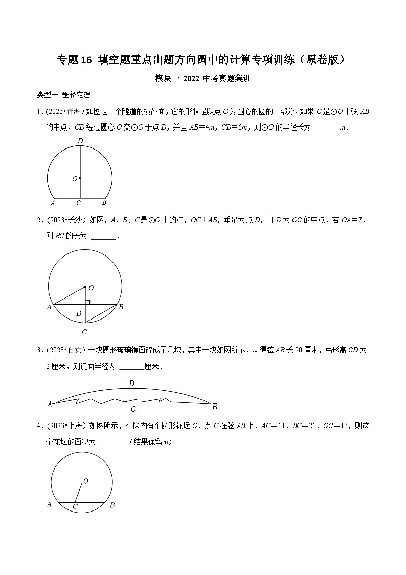 中考数学重难点专题题位训练及押题预测专题16填空题重点出题方向圆中的计算专项训练(原卷版+解析)01