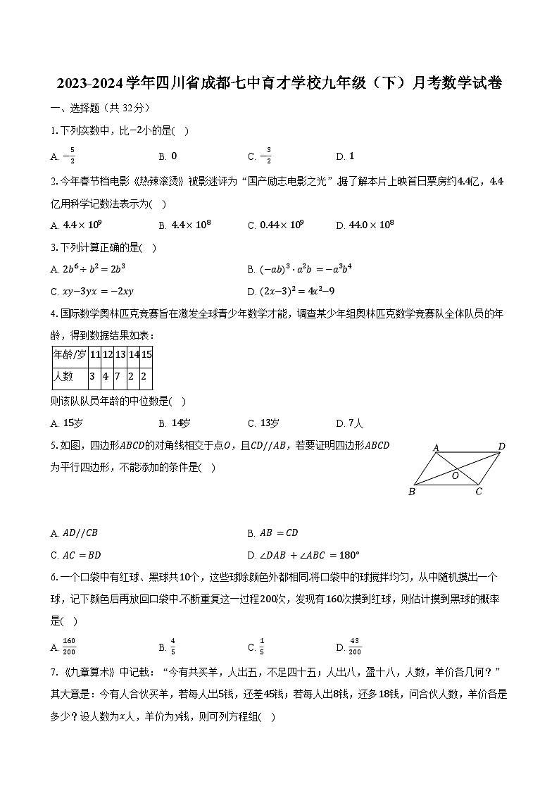 2023-2024学年四川省成都七中育才学校九年级（下）月考数学试卷（含答案）01