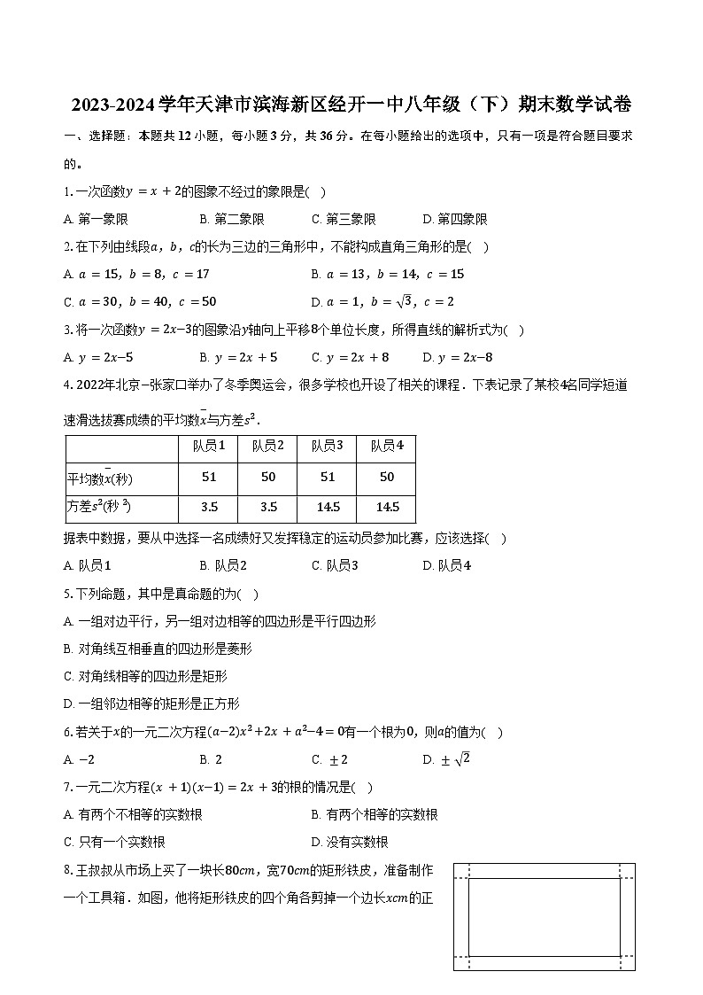 2023-2024学年天津市滨海新区经开一中八年级（下）期末数学试卷（含答案）第1页
