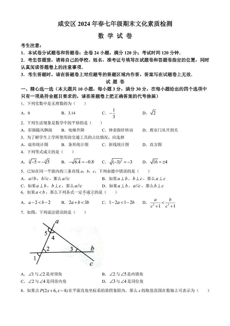 湖北咸宁市咸安区2024年七年级下学期期末数学试题01