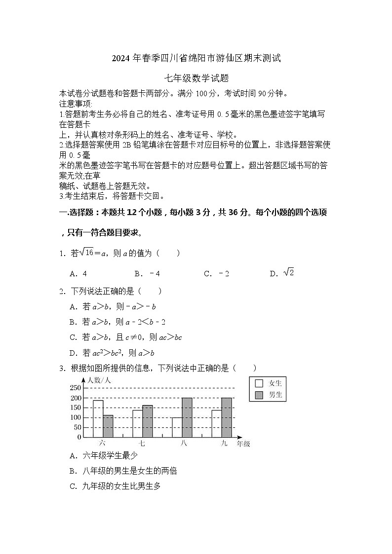 四川省绵阳市游仙区2023-2024学年下学期七年级期末数学试卷第1页