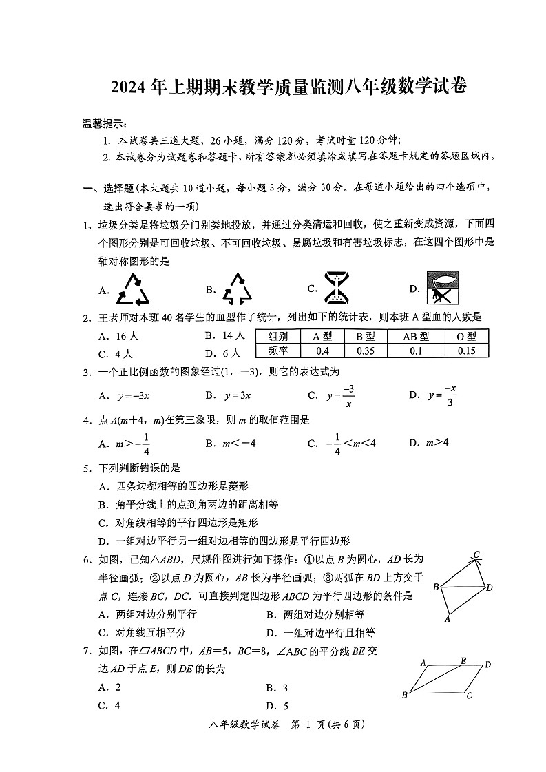2024年上期期末教学质量监测八年级数学第1页