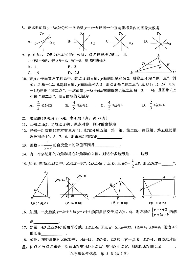 2024年上期期末教学质量监测八年级数学第2页