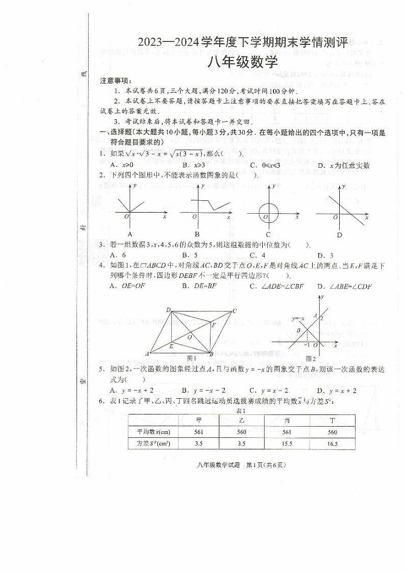 河南省驻马店市平舆县2023-2024学年+下学期期末+八年级数学试卷+01