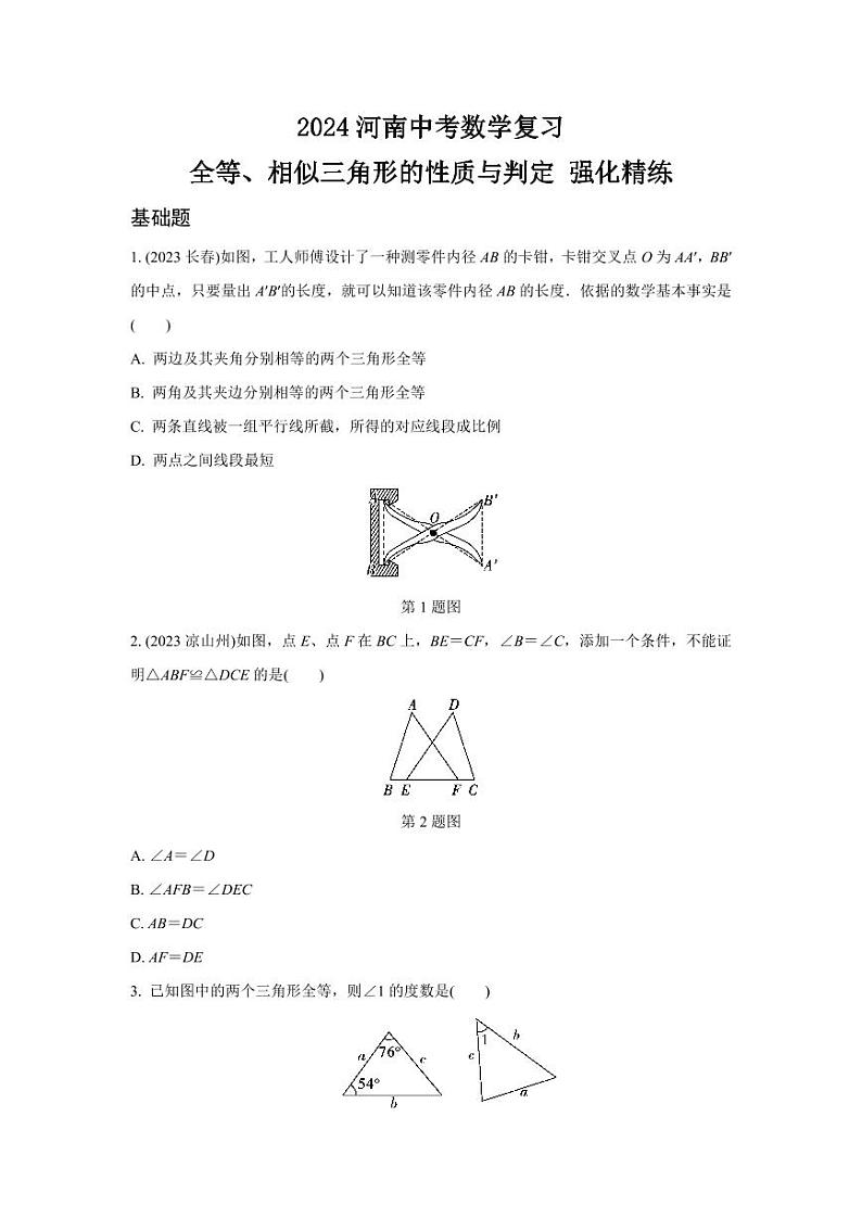 2024河南中考数学复习 全等、相似三角形的性质与判定 强化精练 (含答案)第1页
