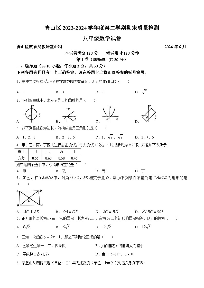 湖北省武汉市青山区2023-2024学年八年级下学期期末数学试题01