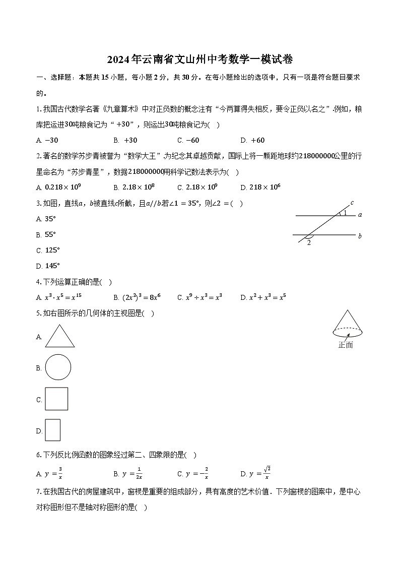 2024年云南省文山州中考数学一模试卷（含答案）01