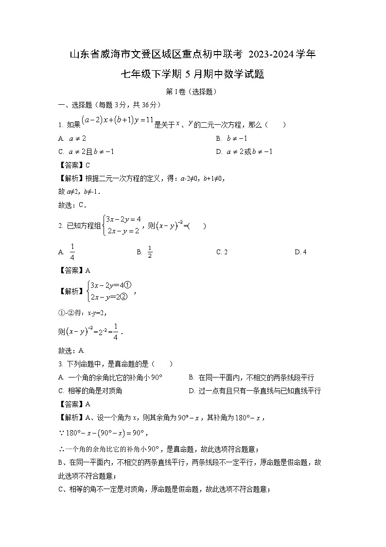 [数学]山东省威海市文登区城区重点初中联考2023-2024学年七年级下学期5月期中试题（解析版）01