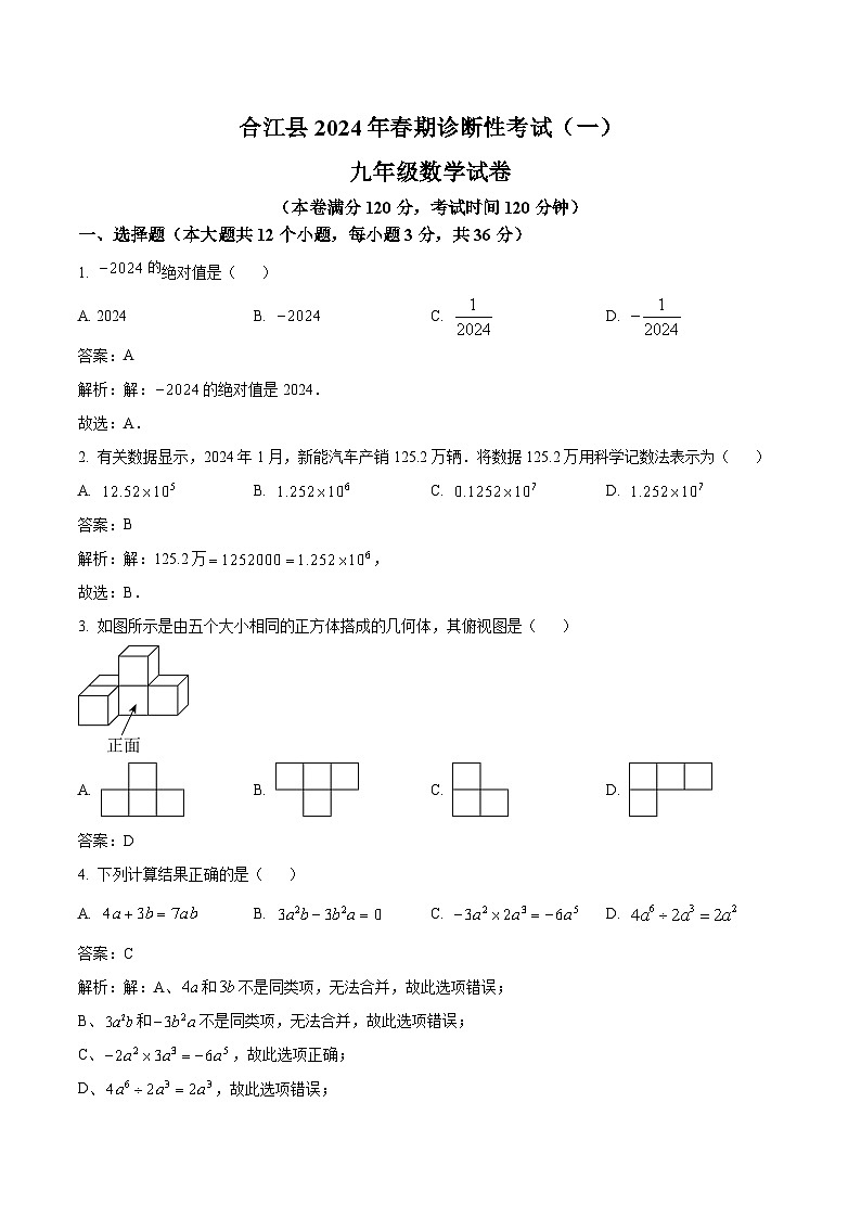 四川省泸州市合江县2024届九年级下学期中考一模数学试卷(含解析)第1页