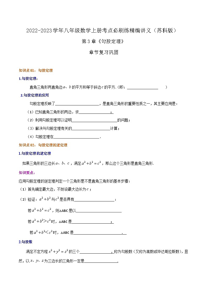 苏科版八年级数学上册同步考点必刷练精编讲义必刷知识点【第3章《勾股定理》章节复习巩固】(原卷版+解析)01