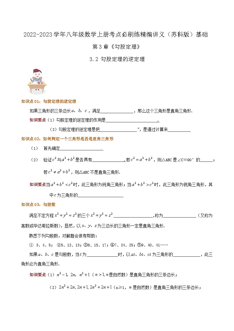 苏科版八年级数学上册同步考点必刷练精编讲义必刷基础练【3.2勾股定理的逆定理】(原卷版+解析)01